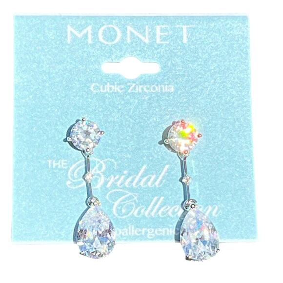 NEW Monet Pear Shape Drop Earrings CZ Glam Wedding Holiday Bride‎ Elegant Bling - Picture 2 of 10